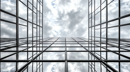 A modern architectural view of glass buildings reflecting cloudsの素材