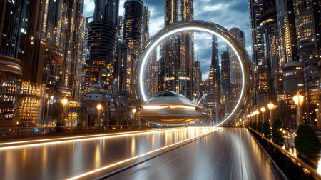 A futuristic spaceship takes off from glowing launchpad in vibrant cityscapeの素材