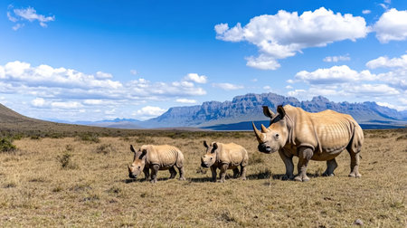 A family of rhinos roaming through vast untouched plain under blue skyの素材
