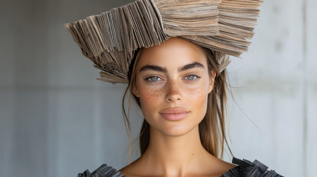 A model showcasing innovative sustainable fashion with unique hat designの素材