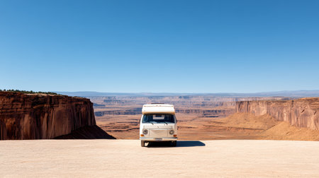 A lone camper van parked at edge of canyon under clear blue skyの素材