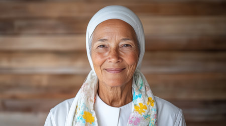 A kind elderly woman with serene expression, wearing headscarf and scarfの素材