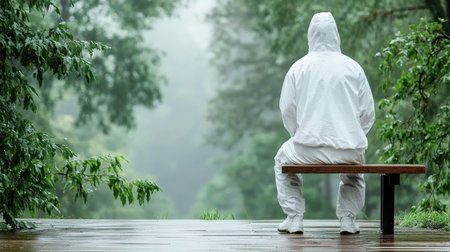 A person in white rain suit sits on bench in foggy forestの素材