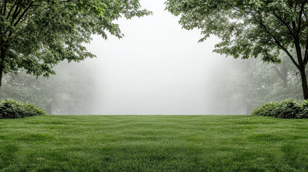 A Lush green grass in foggy landscape creates serene atmosphereの素材