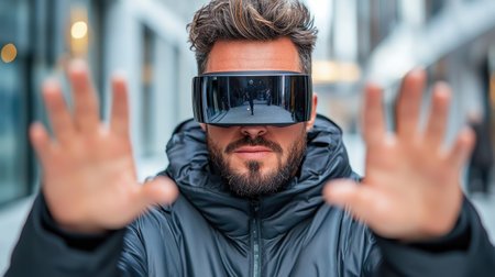 A Futuristic bodyguard wearing augmented reality glasses in urban settingの素材