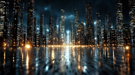 A Futuristic cityscape at night with glowing skyscrapers and rainの素材