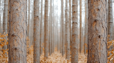 A Dense forest with tall trees and autumn leaves covering groundの素材