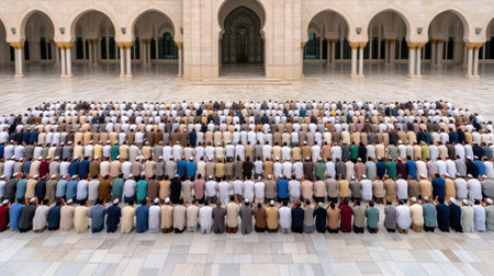 A mosque courtyard filled with worshippers in prayer, creating serene atmosphereの素材
