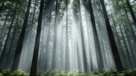 A Misty forest with tall trees and soft light filtering throughの素材