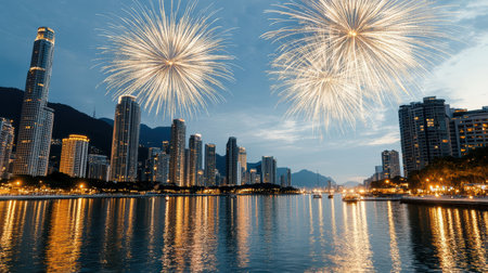 A modern city skyline with fireworks reflecting off water at duskの素材