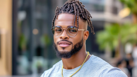 A stylish man with glasses and dreadlocks, smiling outdoorsの素材
