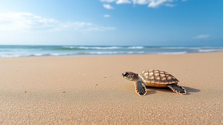 A baby turtle crawling on sandy beach towards ocean under blue skyの素材