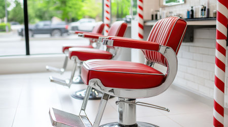 A Classic barbershop with vintage red chairs and stylish decorの素材