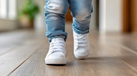A child taking their first steps in white sneakers on wooden floorの素材