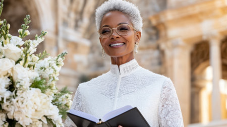 A female priest leading wedding ceremony, smiling with book and flowersの素材