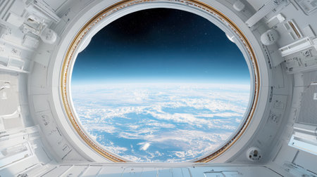 A stunning view of Earth from futuristic space station window, showcasing clouds and blue skiesの素材