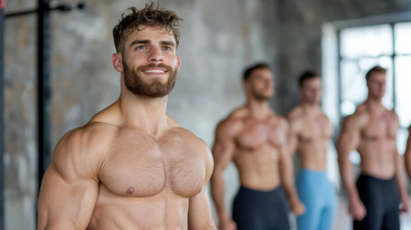 A group of bodybuilders training together in gym, showcasing strength and camaraderieの素材