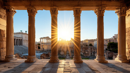 An Ancient Roman ruin with sun rays shining through columns at sunsetの素材