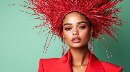 A striking high fashion editorial portrait featuring model with bold red hairstyle and vibrantの素材