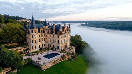 A historical chateau surrounded by mist French countryside, evoking sense of mystery and beautyの素材