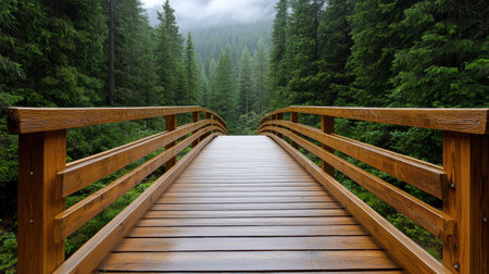 A wooden bridge in misty Norwegian forest surrounded by tall treesの素材