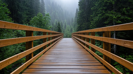 A misty forest bridge surrounded by lush greenery creates serene atmosphereの素材