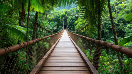 A lush tropical rainforest with wooden hanging bridge surrounded by greeneryの素材