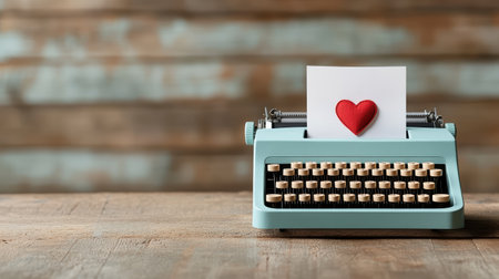 A vintage typewriter with love note and heart on wooden tableの素材