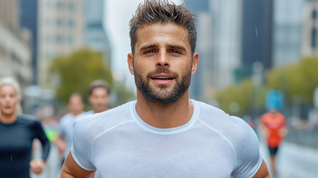 A Marathon runner with sweat on their face, focused and determinedの素材