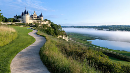 A misty morning in Loire Valley with castle overlooking riverの素材