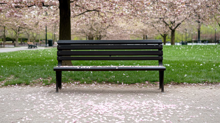 A park bench under cherry blossom tree with pink petals scatteredの素材
