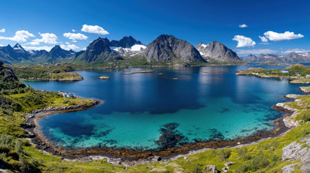 A panoramic view of Norway Lofoten Islands showcasing rugged mountains and clear blue watersの素材