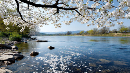 A serene riverbank with cherry blossoms drifting on water surfaceの素材