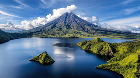 A scenic view of active volcano in Bali, surrounded by lush greenery and calm watersの素材