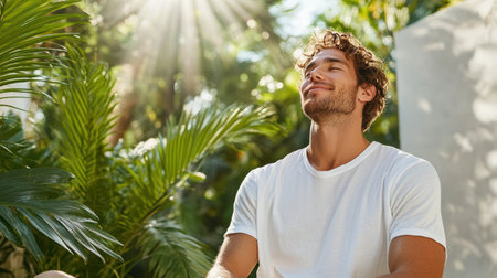 A man enjoying moment of peace and tranquility in natureの素材