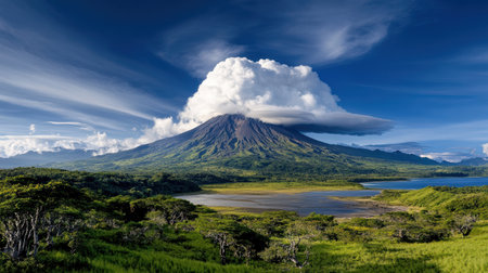 A stunning view of active volcano in Bali surrounded by lush greenery and serene lakeの素材