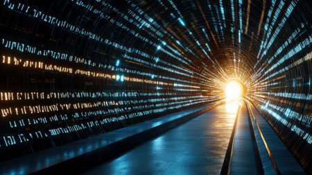 A futuristic tunnel with glowing binary code and bright light at endの素材