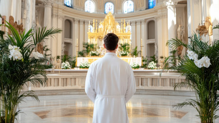 A priest in ceremonial robes stands in grand church, reflecting in peaceの素材