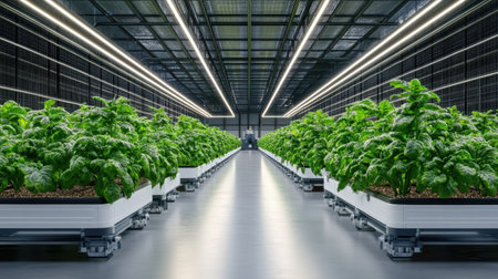 A Futuristic smart farm with automated systems and lush green plantsの素材