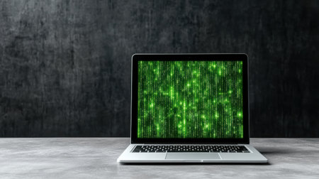 A laptop displaying green encrypted login screen on dark backgroundの素材