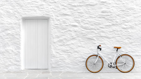 A monochrome photograph of simple bicycle leaning against white wallの素材