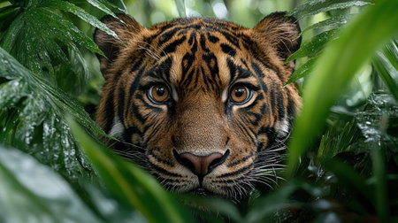 A Majestic tiger peering through lush green foliage in vibrant jungleの素材