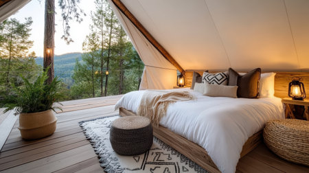 A Glamping tent interior with cozy bed, natural decor, and scenic viewの素材