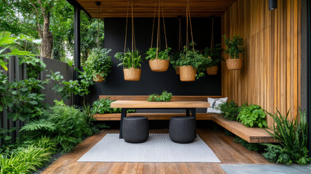A Cozy urban backyard with potted herbs and hanging plants, perfect for relaxationの素材