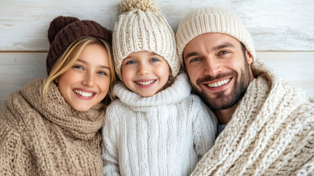 A Cozy family portrait with parents and child in warm sweatersの素材