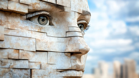 A detailed sculpture of face made from stacked stone blocks, showcasing intricate features andの素材