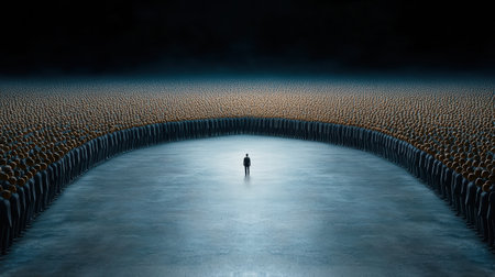 A lone figure stands in sea of identical faceless figures, evoking solitudeの素材