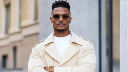A Stylish man in beige trench coat and sunglasses, exuding confidenceの素材