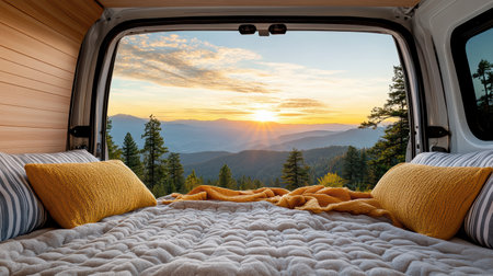 A Cozy van interior with mountain sunrise view, perfect for relaxationの素材