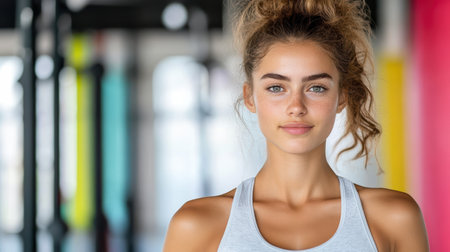 A confident woman in fitness environment, showcasing her healthy lifestyleの素材